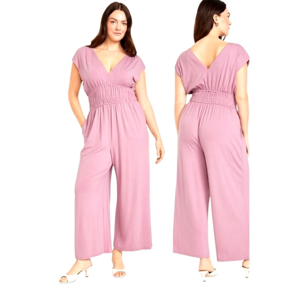 OLD NAVY Wide-Leg Jersey Jumpsuit Rose Cap Slvs Elastic Waist Pockets NWT 2X/18